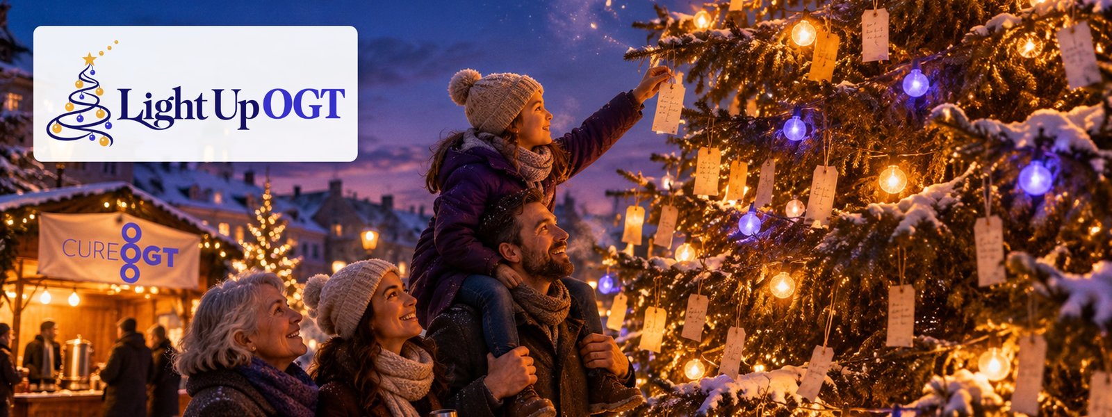 Light Up OGT 2026: a family hangs a wish on a lit tree